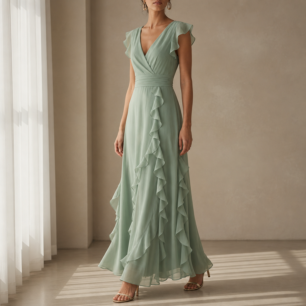 Monreale Ruffle Chiffon Maxi Dress in Sage