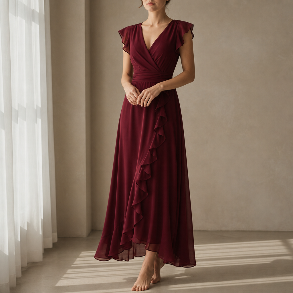 Monreale Ruffle Chiffon Maxi Dress in Wine