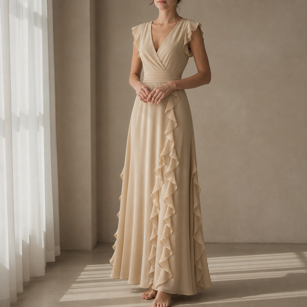 Monreale Ruffle Chiffon Maxi Dress in Khaki