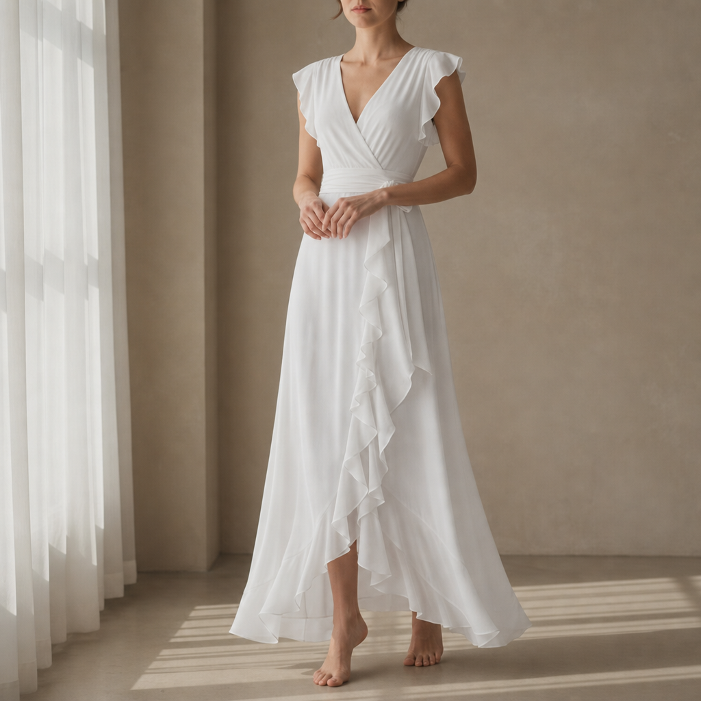 Monreale Ruffle Chiffon Maxi Dress in White