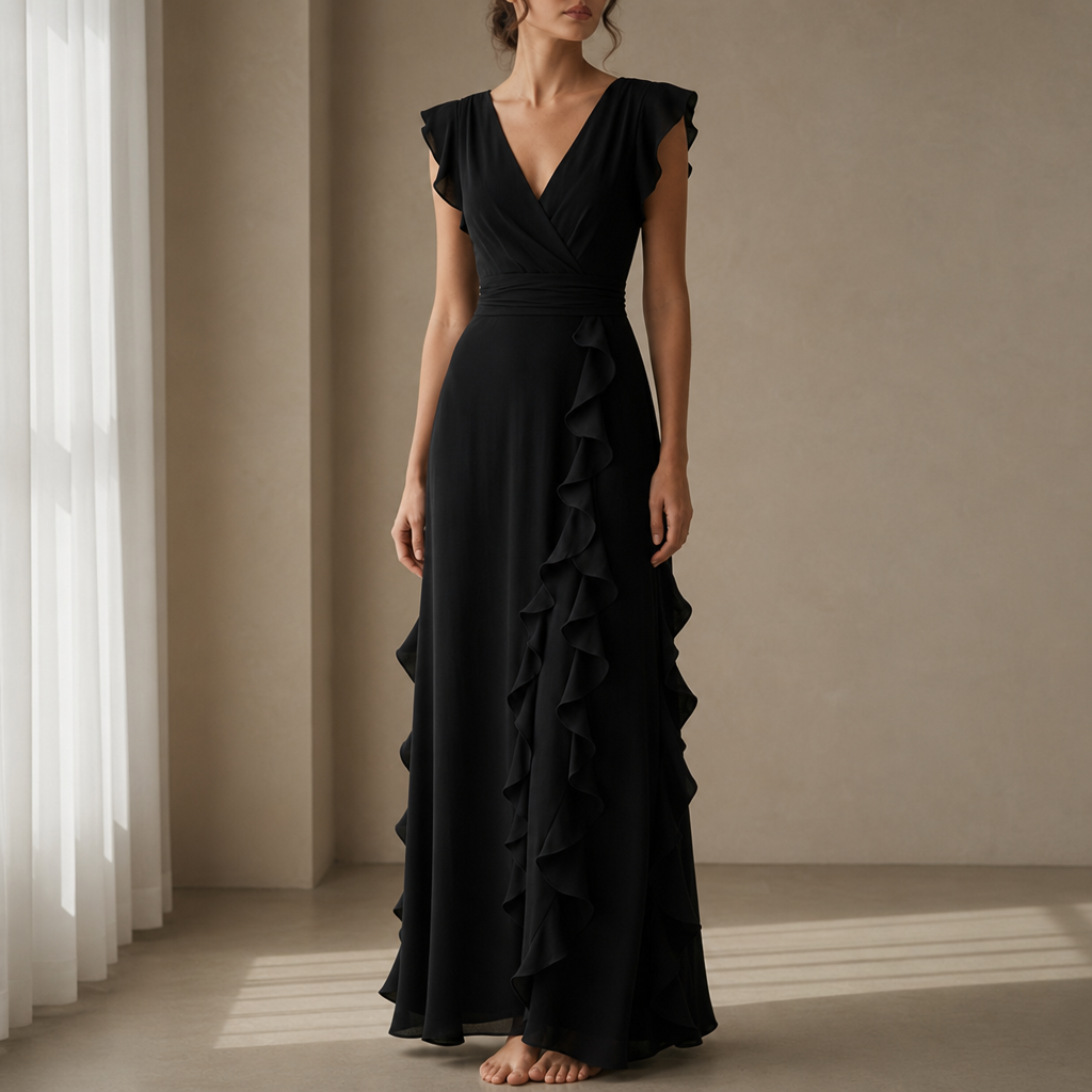 Monreale Ruffle Chiffon Maxi Dress in Black