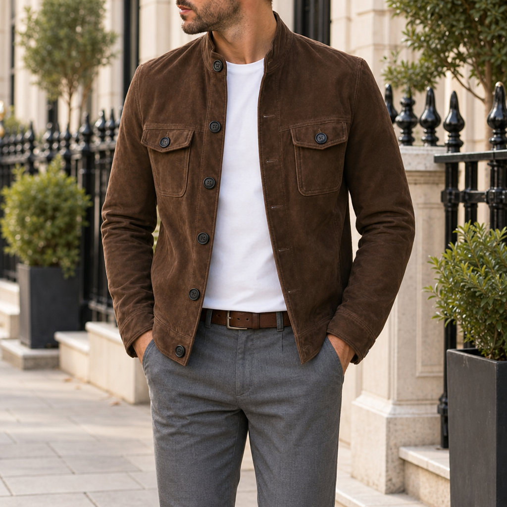 Monsanto Suede Stand Collar Jacket in Dark Brown