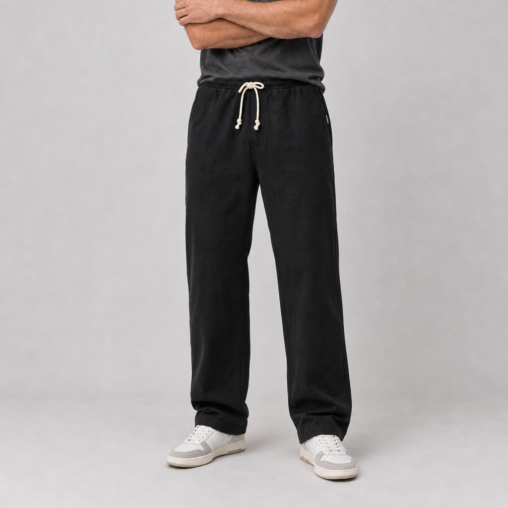 Naxos Cotton-Linen Drawstring Trousers in Classic Black