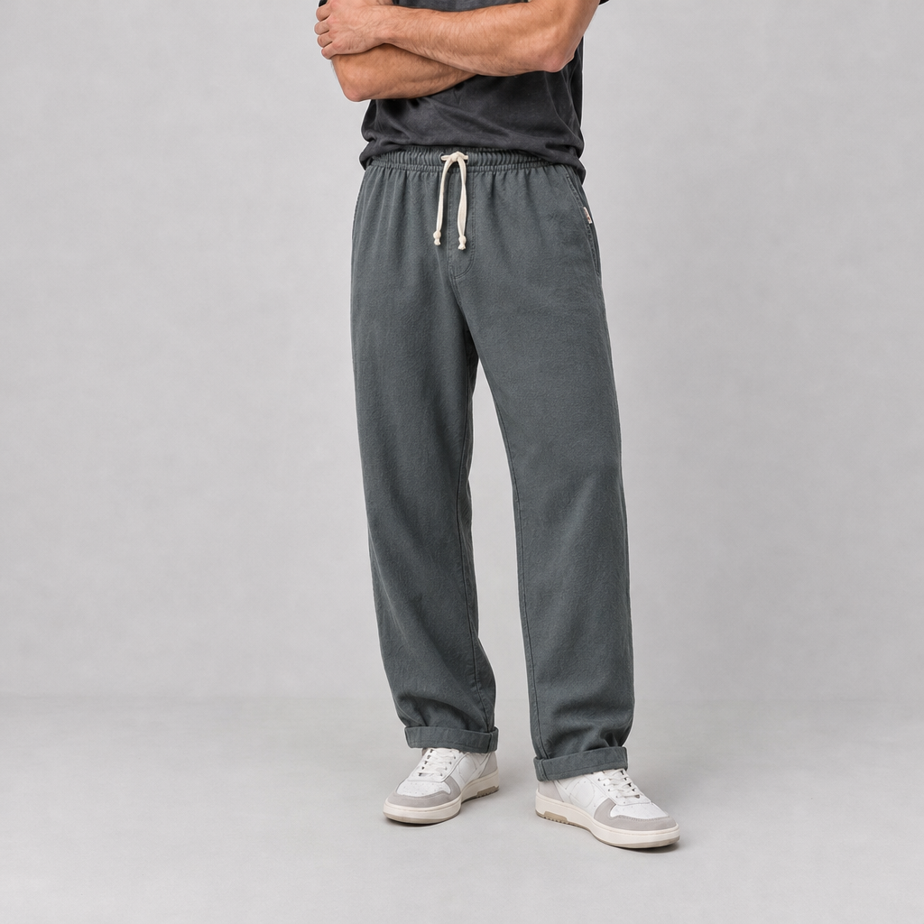 Naxos Cotton-Linen Drawstring Trousers in Dark Gray