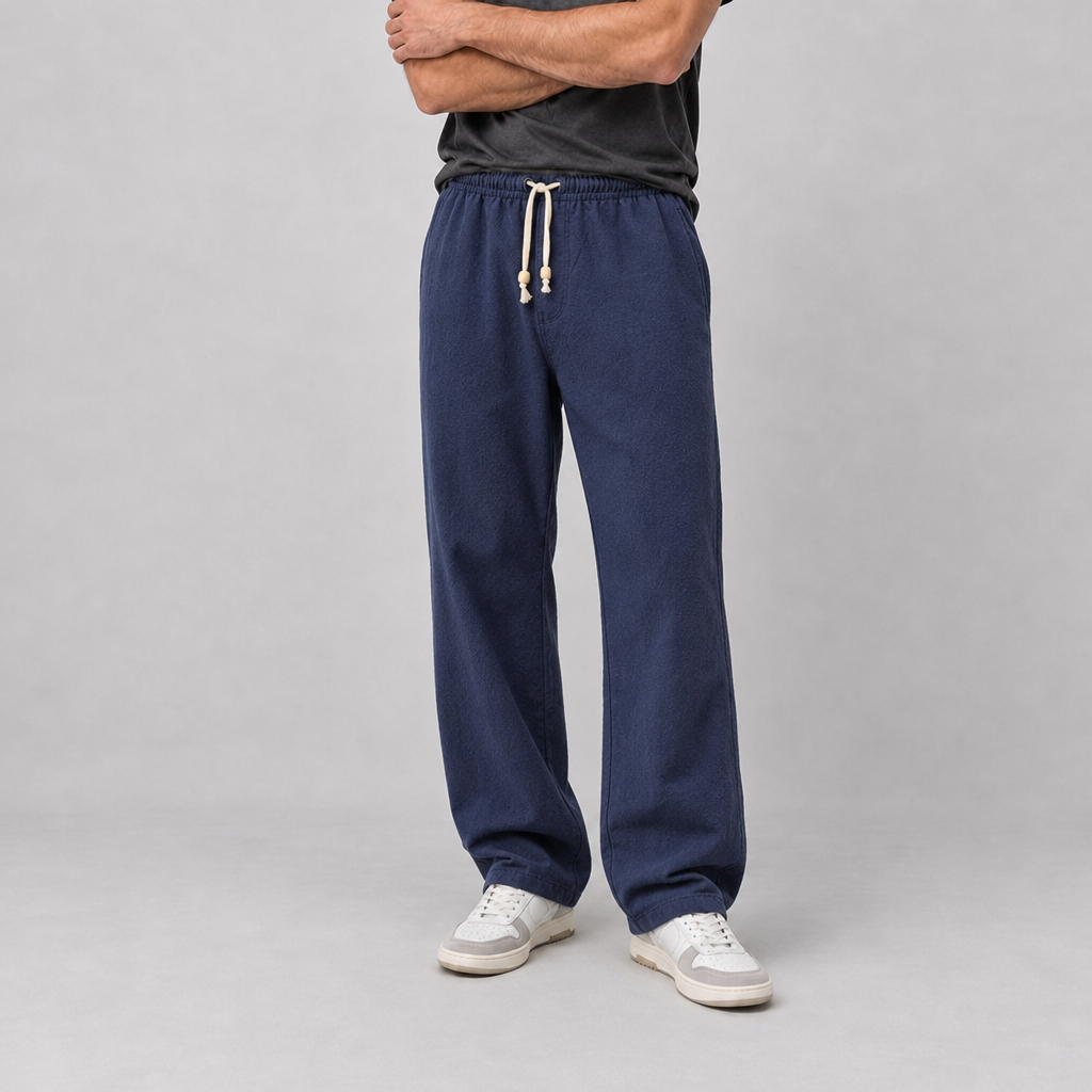 Naxos Cotton-Linen Drawstring Trousers in Navy Blue