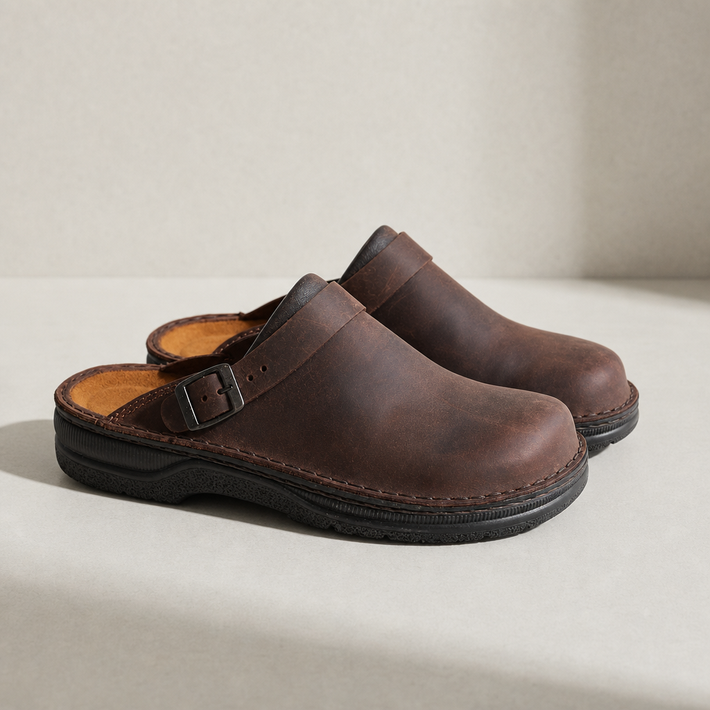 Nerja Leather Buckle Clogs in Dark Brown