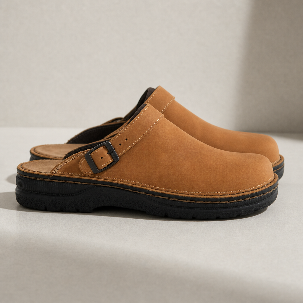 Nerja Leather Buckle Clogs in Brown