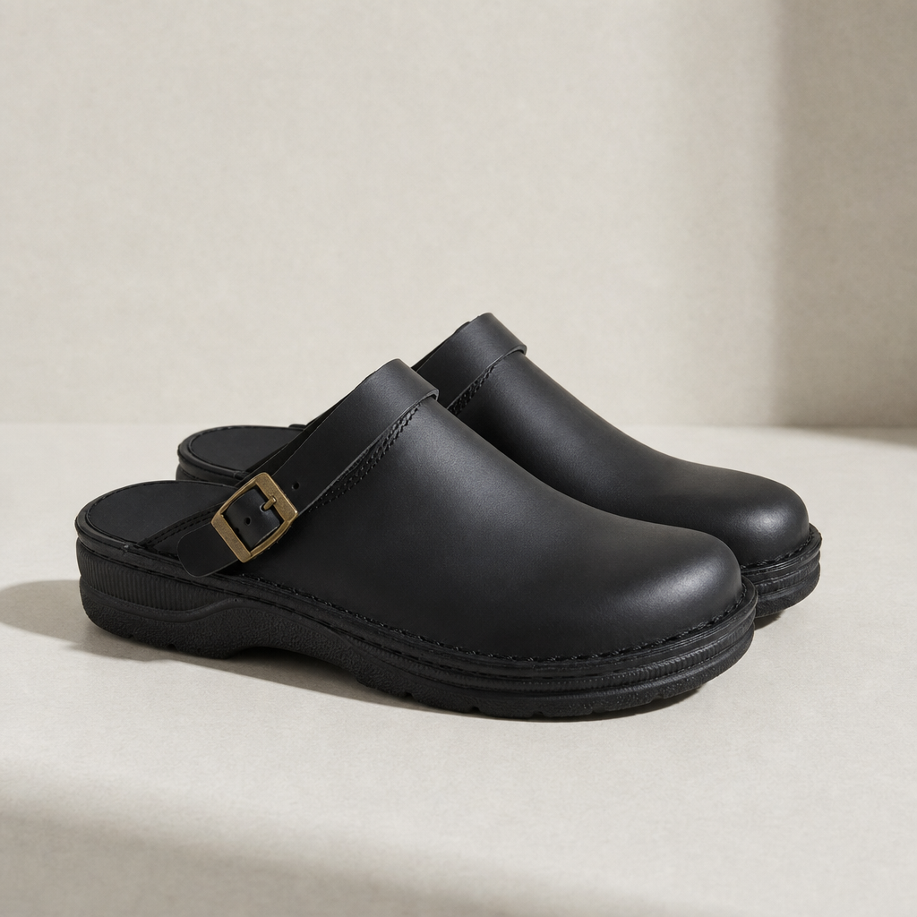 Nerja Leather Buckle Clogs in Black