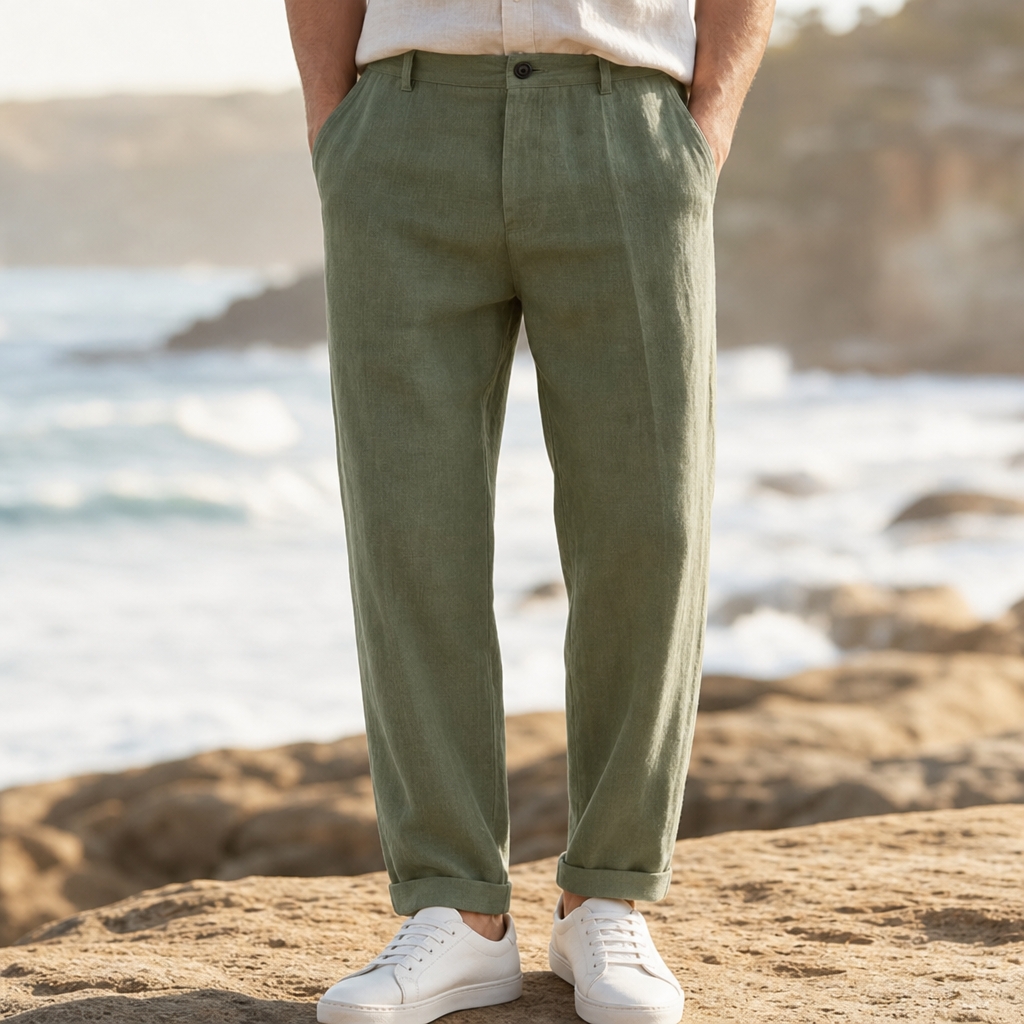 Nisyros Relaxed Linen Chino Pants in Green