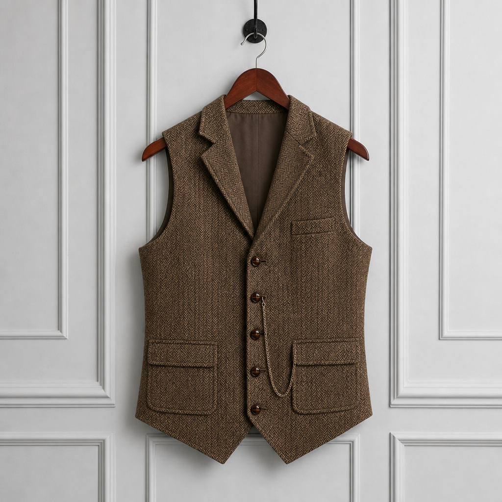 Olhao Herringbone Lapel Waistcoat in Coffee