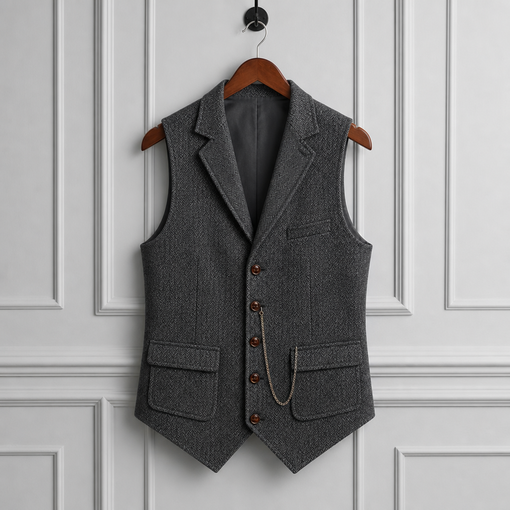 Olhao Herringbone Lapel Waistcoat in Dark Gray