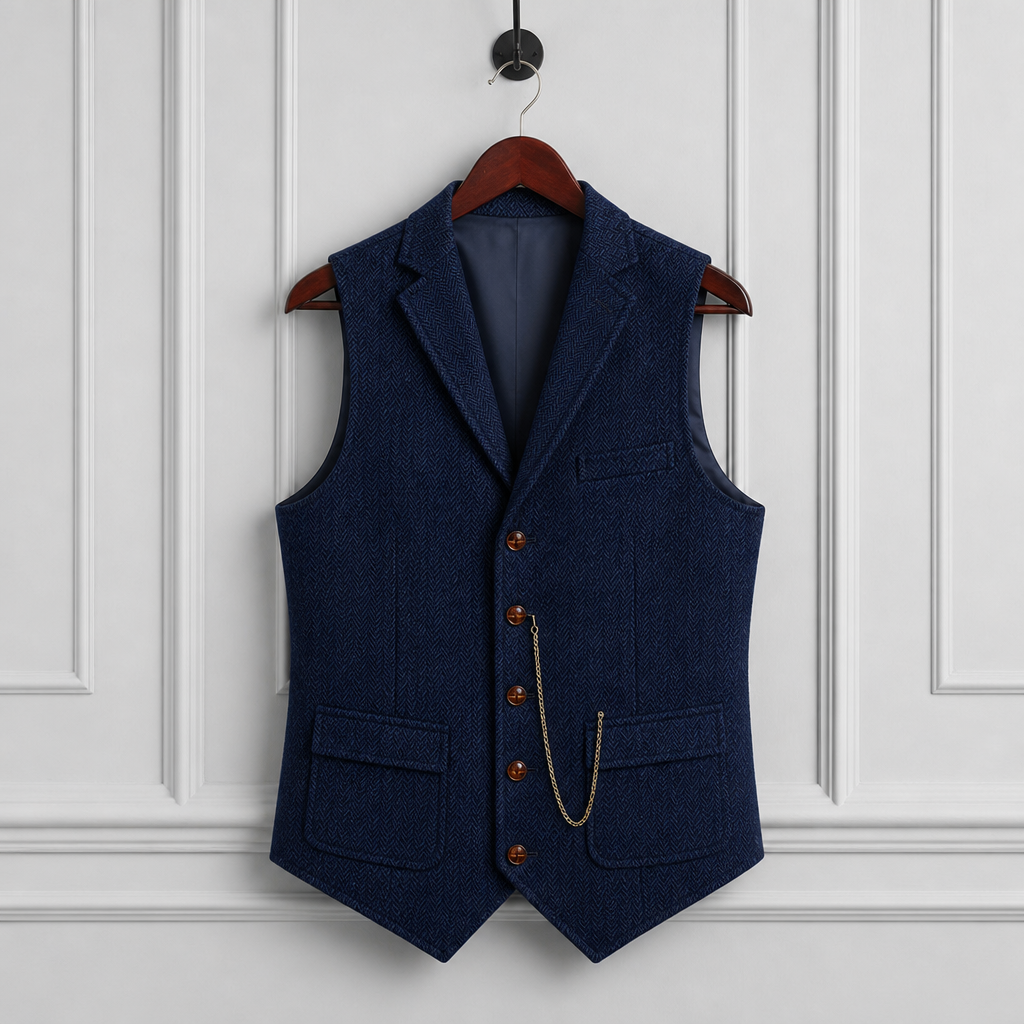 Olhao Herringbone Lapel Waistcoat in Blue