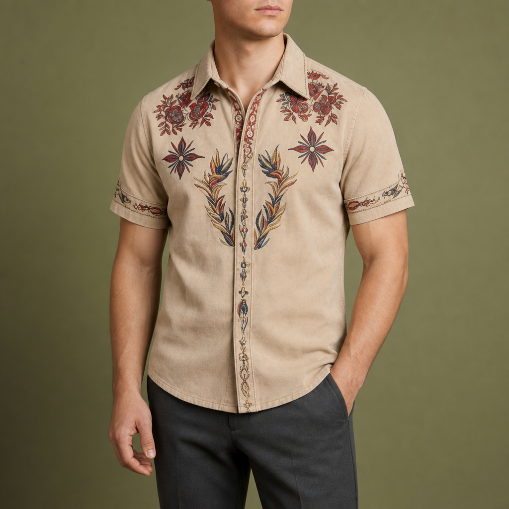 Omodos Western Embroidered Shirt in Beige