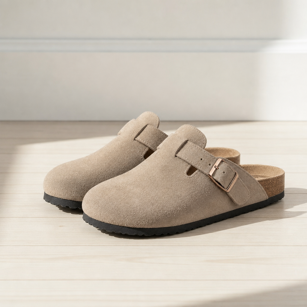 Oviedo Suede Buckle Clogs in Beige