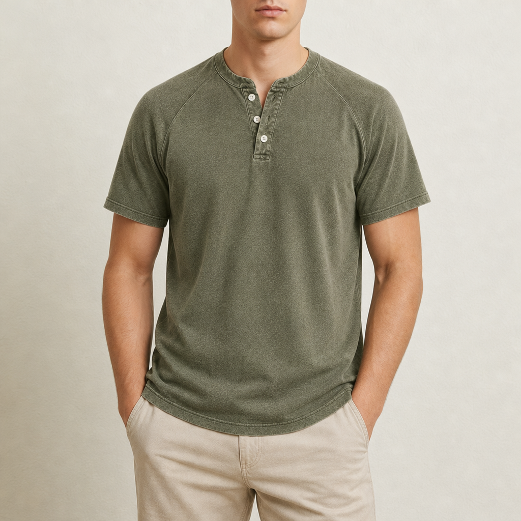 Palamos Washed Henley T-Shirt in Army Green