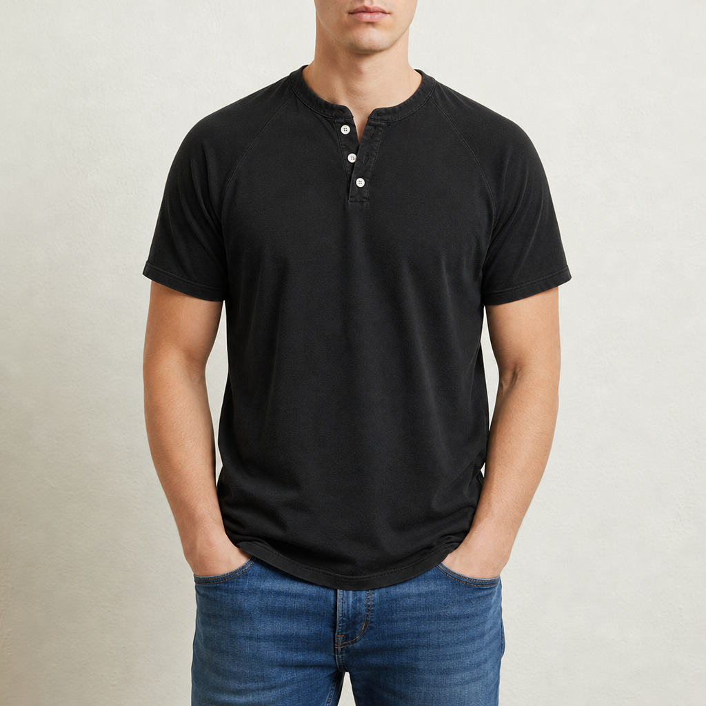 Palamos Washed Henley T-Shirt in Black