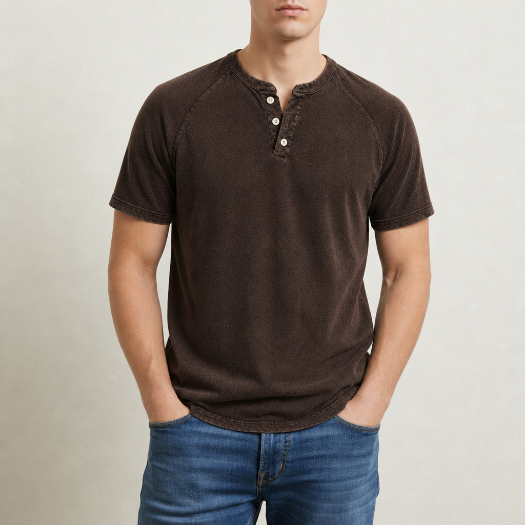 Palamos Washed Henley T-Shirt in Dark Brown