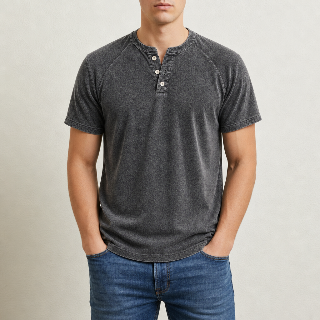 Palamos Washed Henley T-Shirt in Charcoal Gray