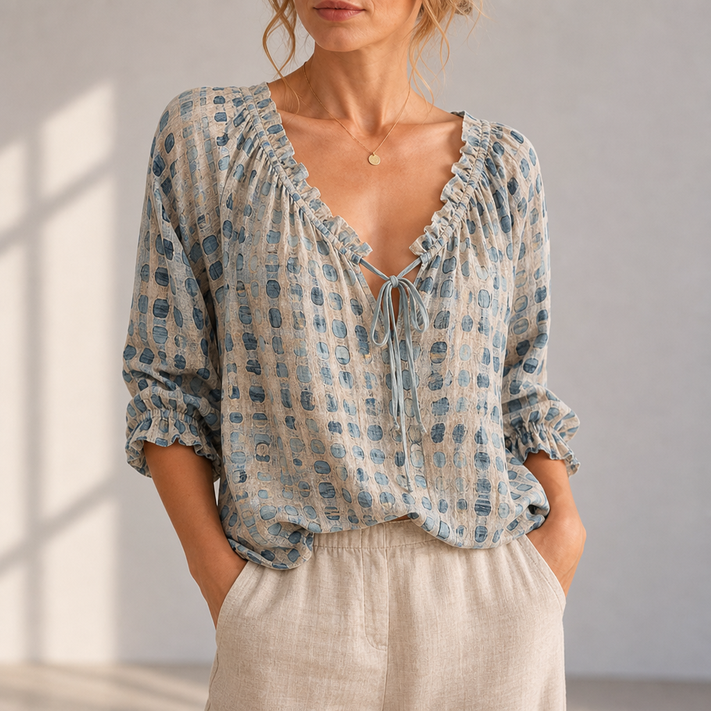 Paphos Ruffle Lace-Up Blouse in Blue