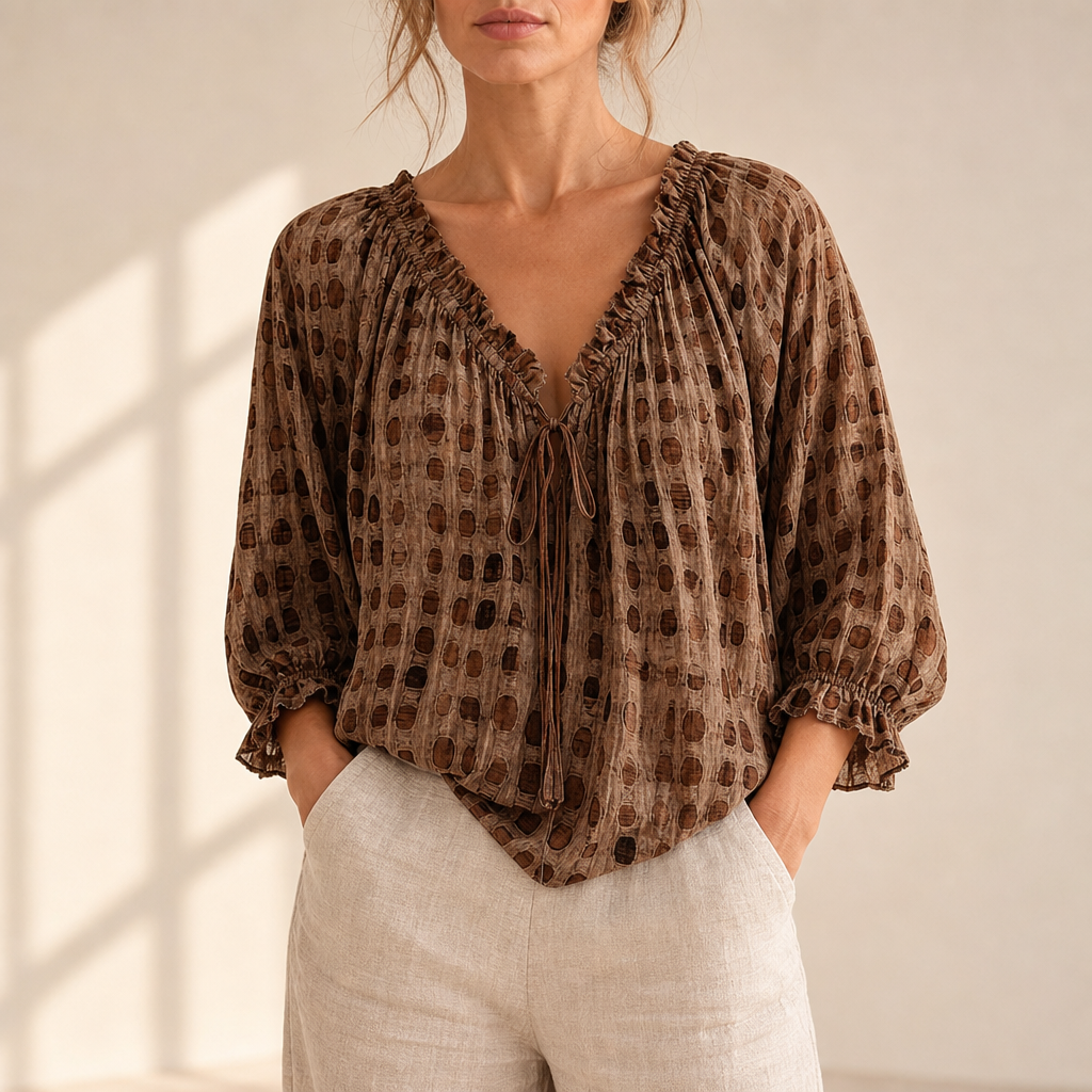 Paphos Ruffle Lace-Up Blouse in Brown