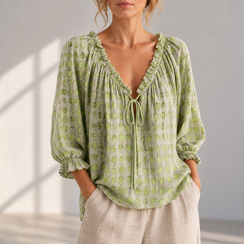 Paphos Ruffle Lace-Up Blouse in Green