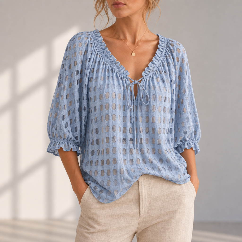 Paphos Ruffle Lace-Up Blouse in Misty Blue