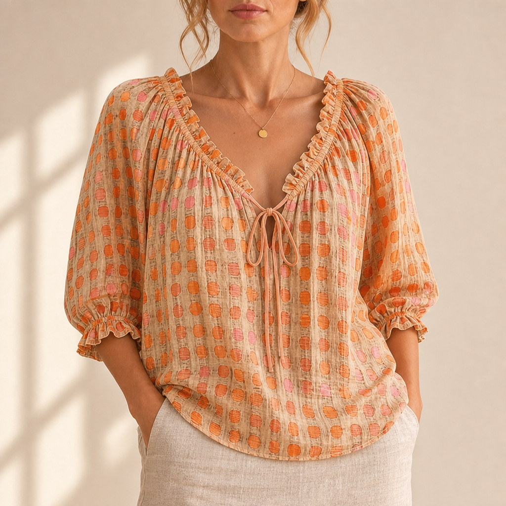 Paphos Ruffle Lace-Up Blouse in Orange