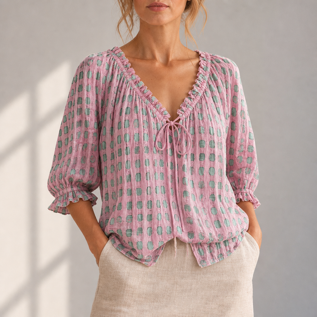 Paphos Ruffle Lace-Up Blouse in Pink