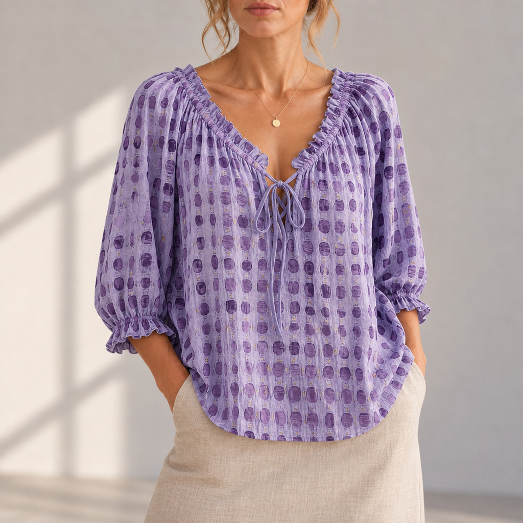 Paphos Ruffle Lace-Up Blouse in Purple