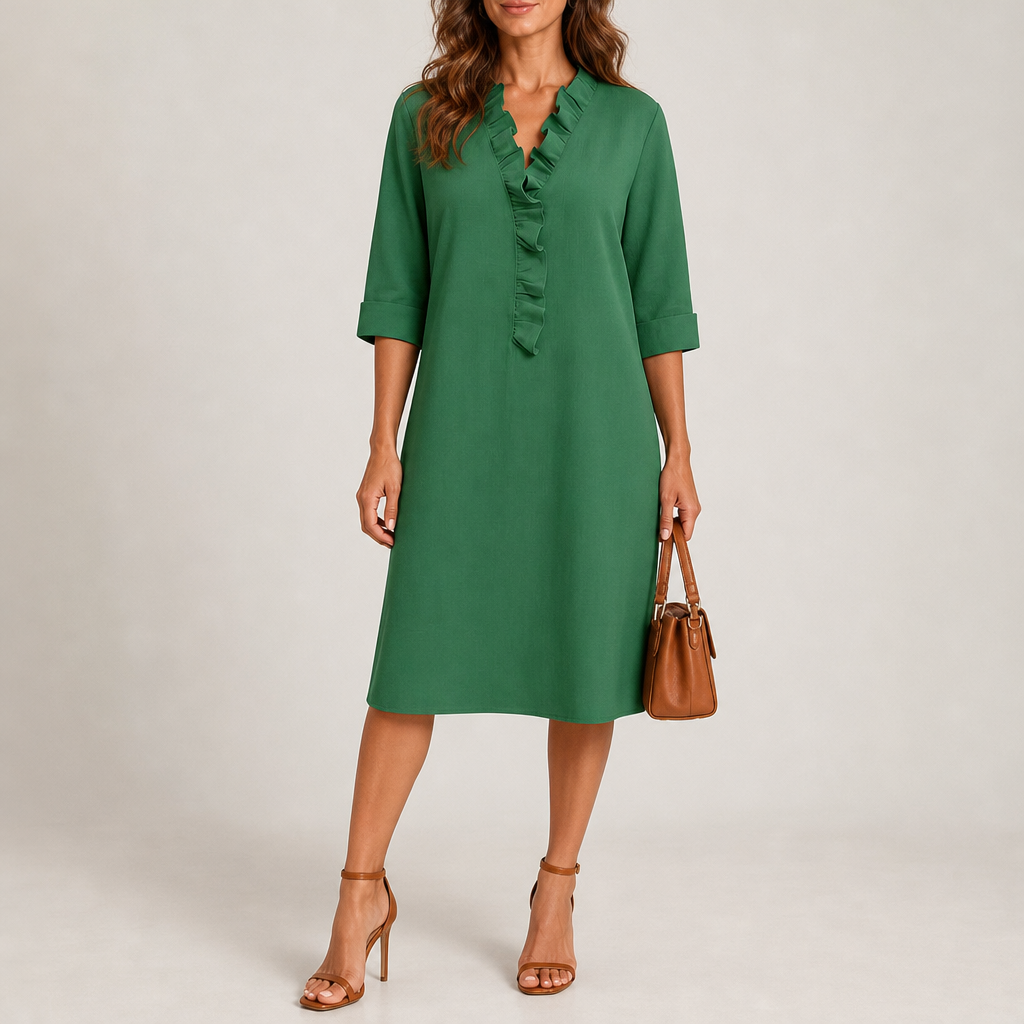 Peniscola Ruffle V-Neck Midi Dress in Green