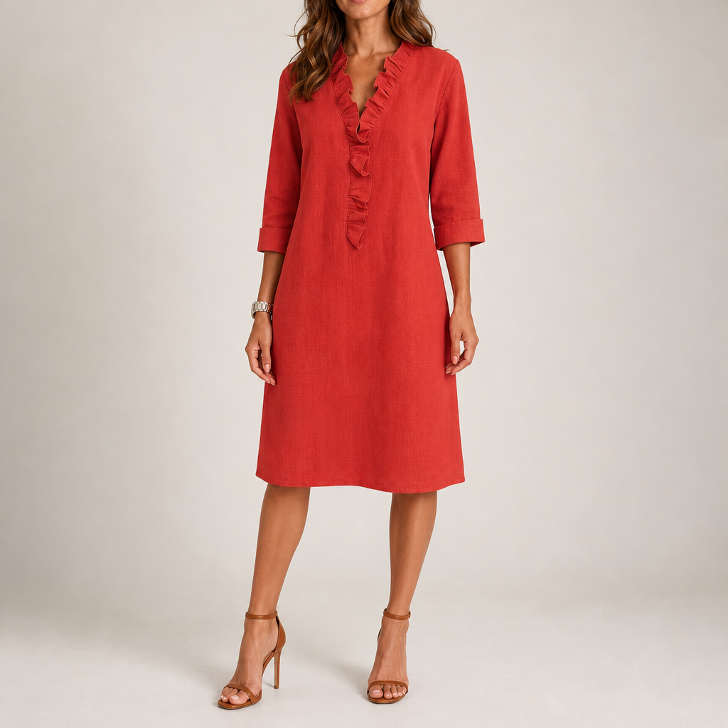 Peniscola Ruffle V-Neck Midi Dress in Red