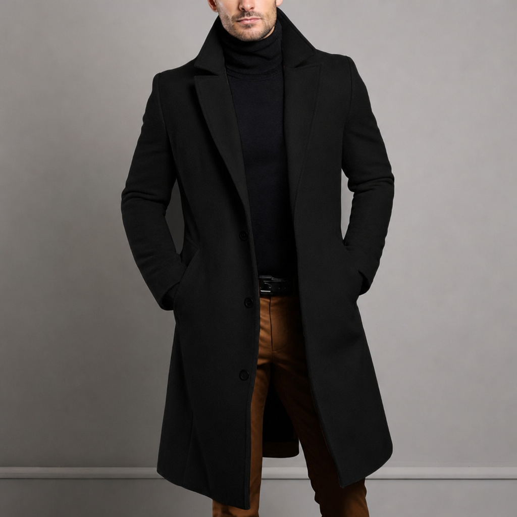 Perpignan Classic Lapel Overcoat in Black