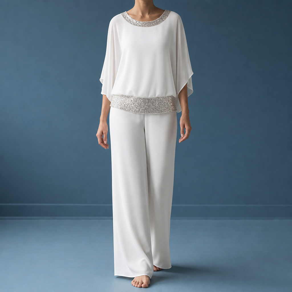 Perugia Sequin Evening Pants Set in White