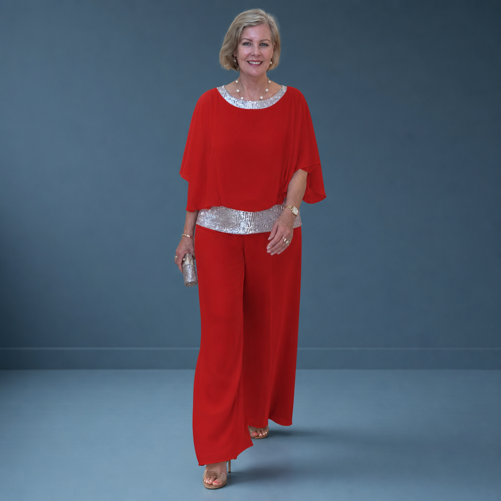 Perugia Sequin Evening Pants Set in Red