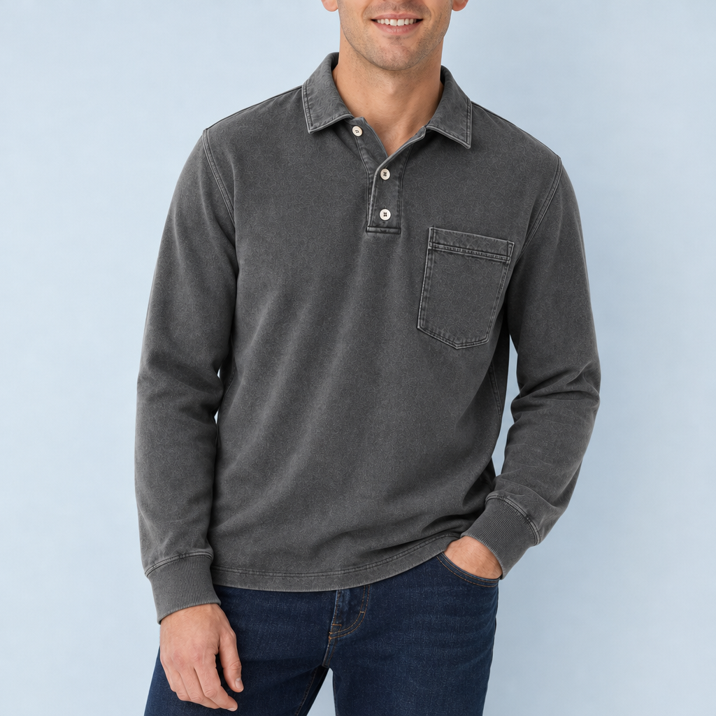 Porec Vintage Washed Henley Sweatshirt in Dark Gray