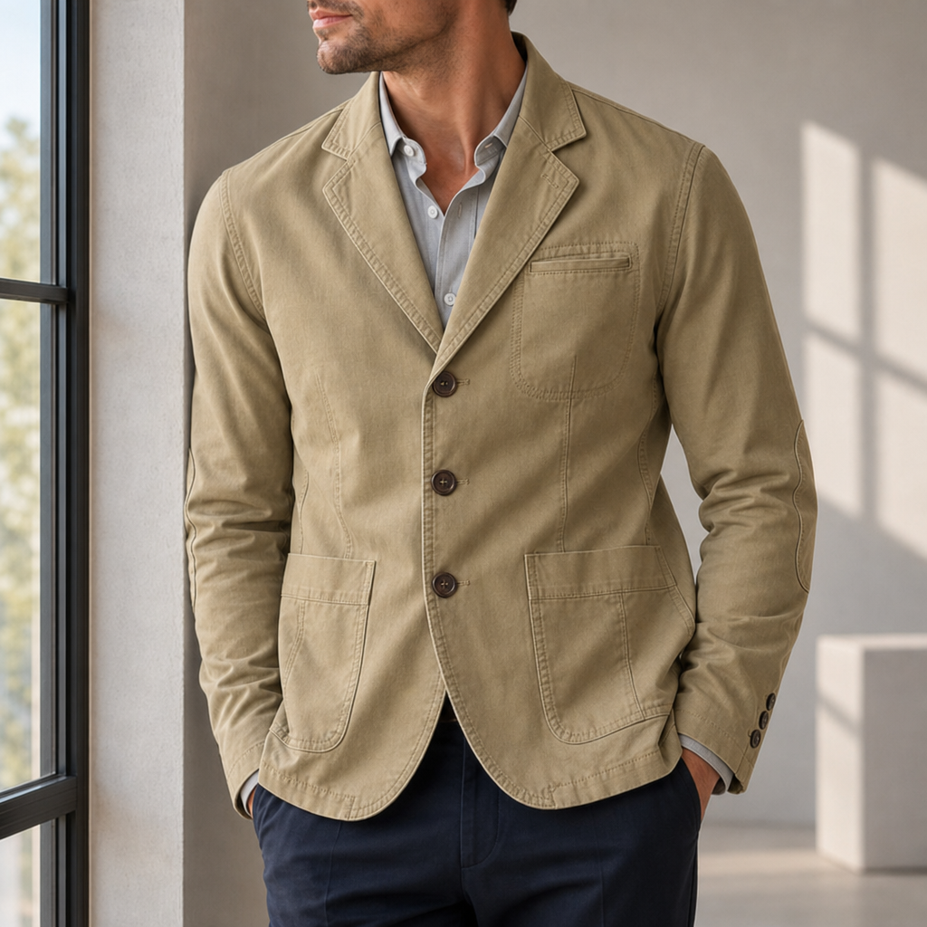 Portofino Cotton Three-Button Blazer in Khaki