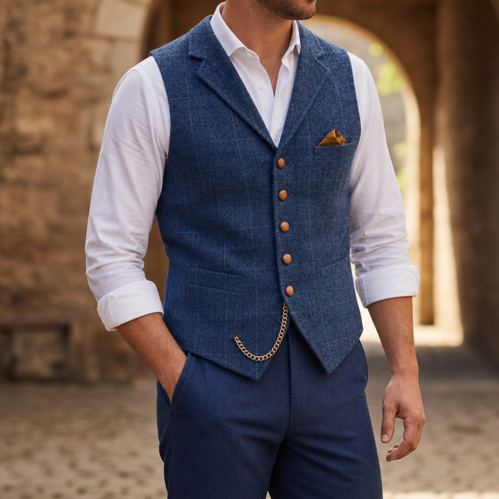 Pylos Tailored Tweed Waistcoat in Blue