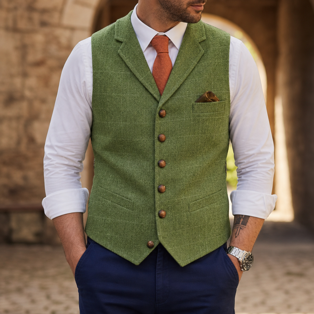 Pylos Tailored Tweed Waistcoat in Green