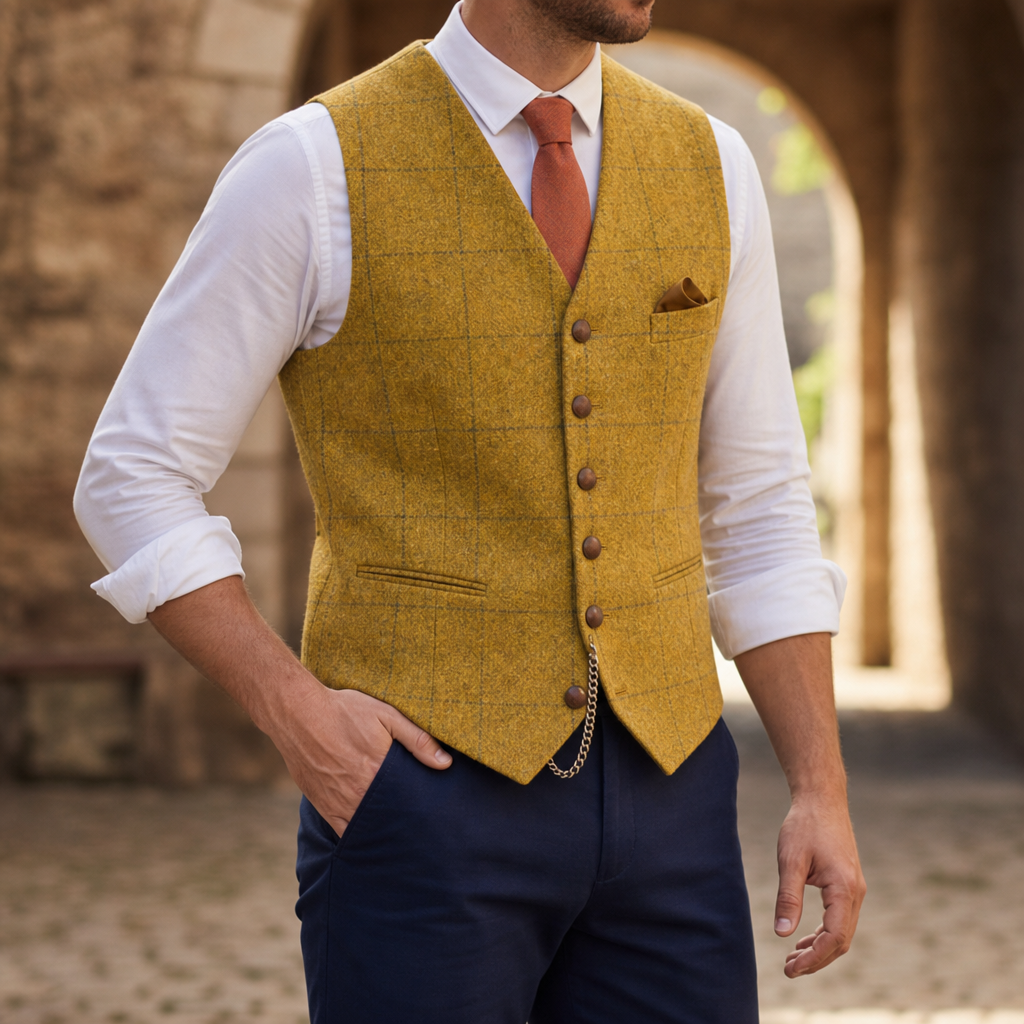 Pylos Tailored Tweed Waistcoat in Yellow