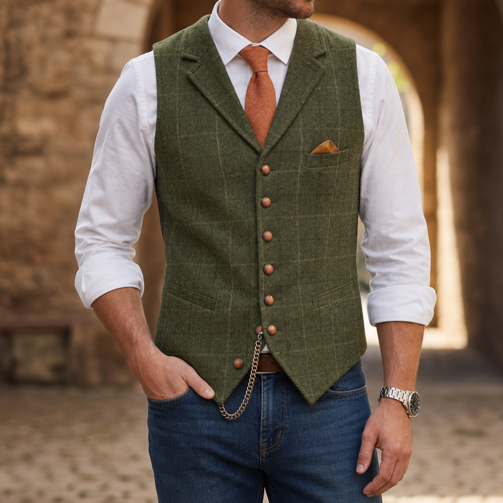 Pylos Tailored Tweed Waistcoat in Olive Green