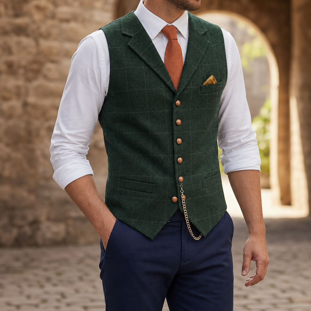 Pylos Tailored Tweed Waistcoat in Dark Green