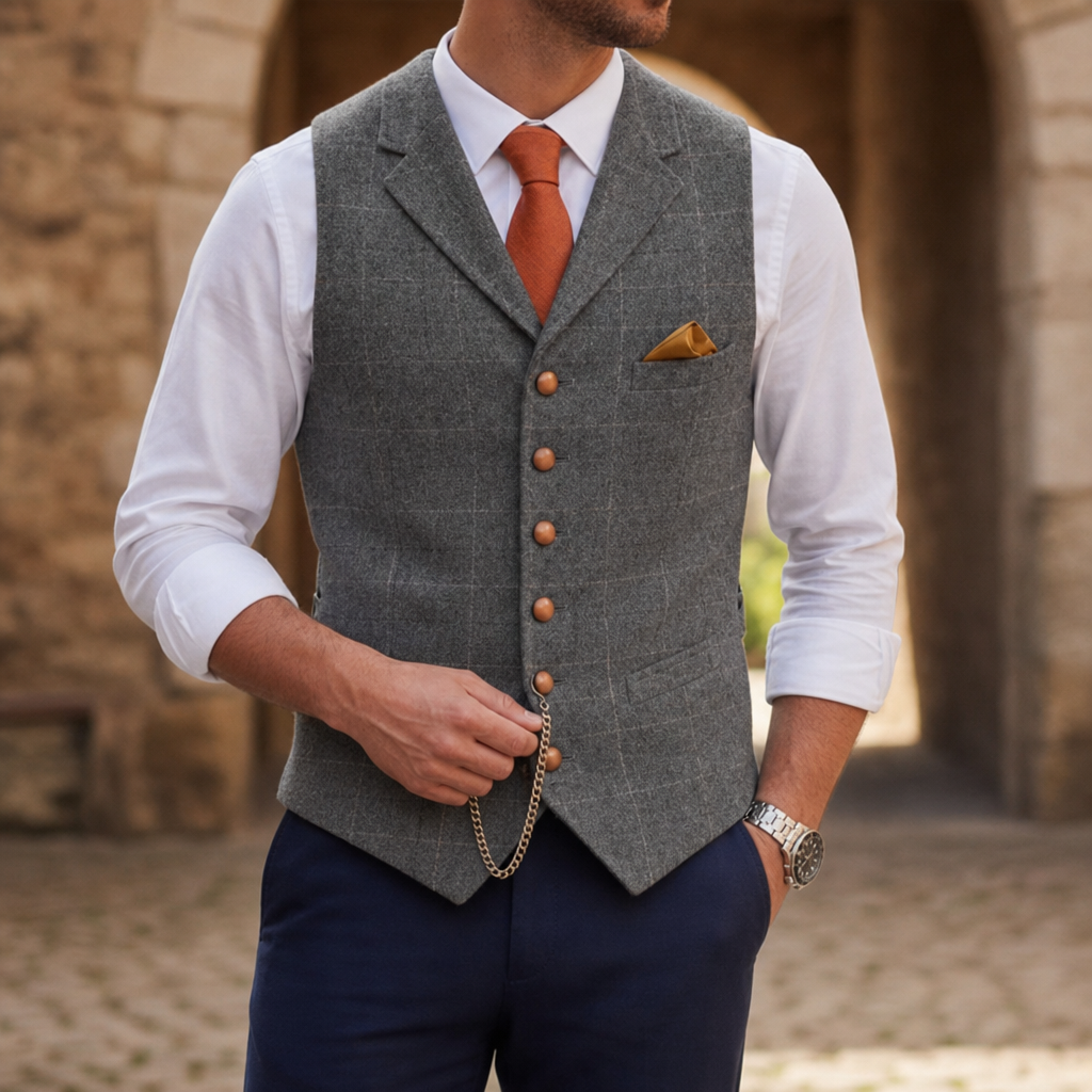 Pylos Tailored Tweed Waistcoat in Gray