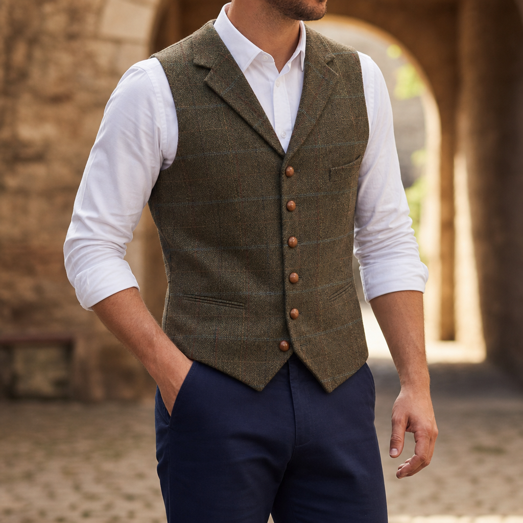 Pylos Tailored Tweed Waistcoat in Brown