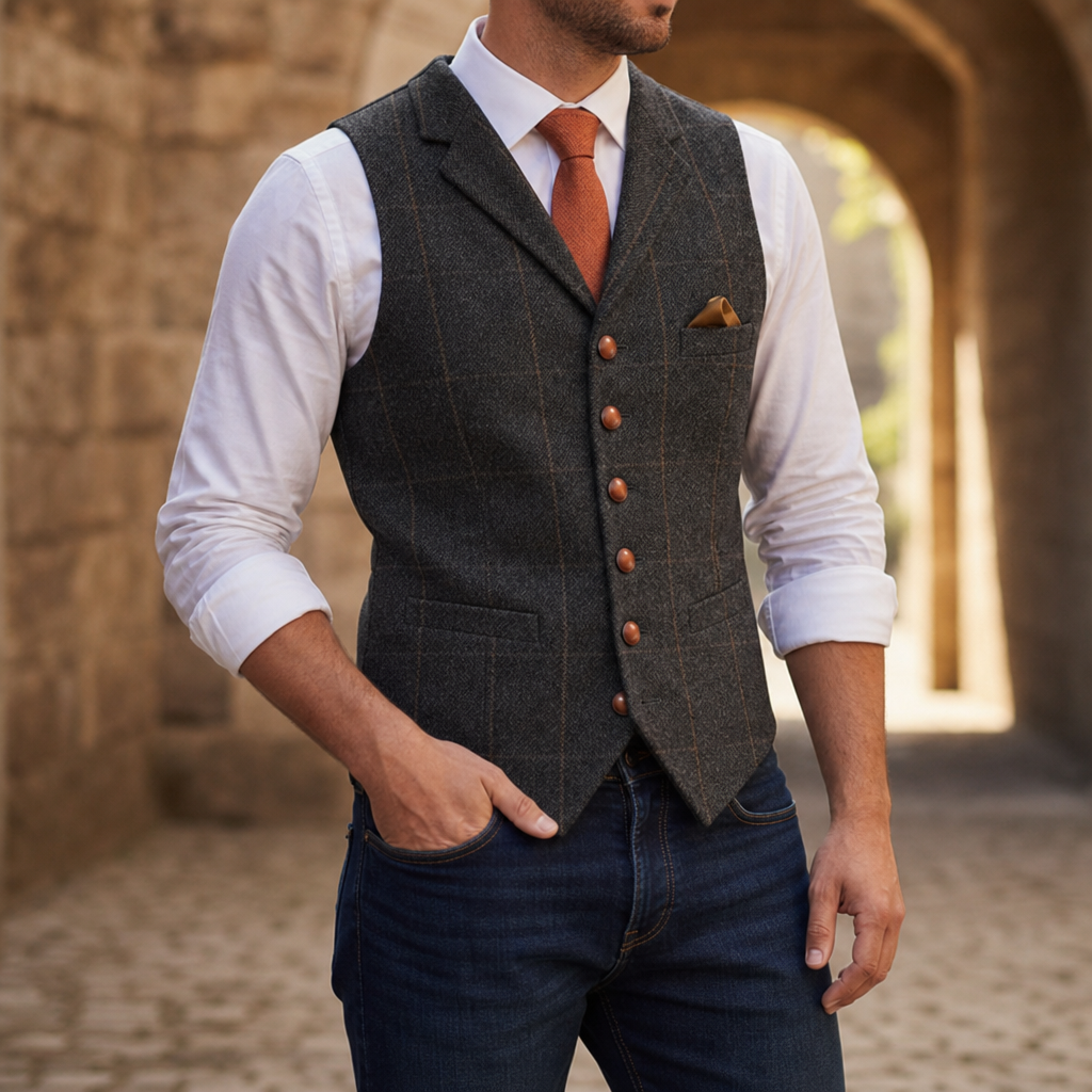 Pylos Tailored Tweed Waistcoat in Charcoal
