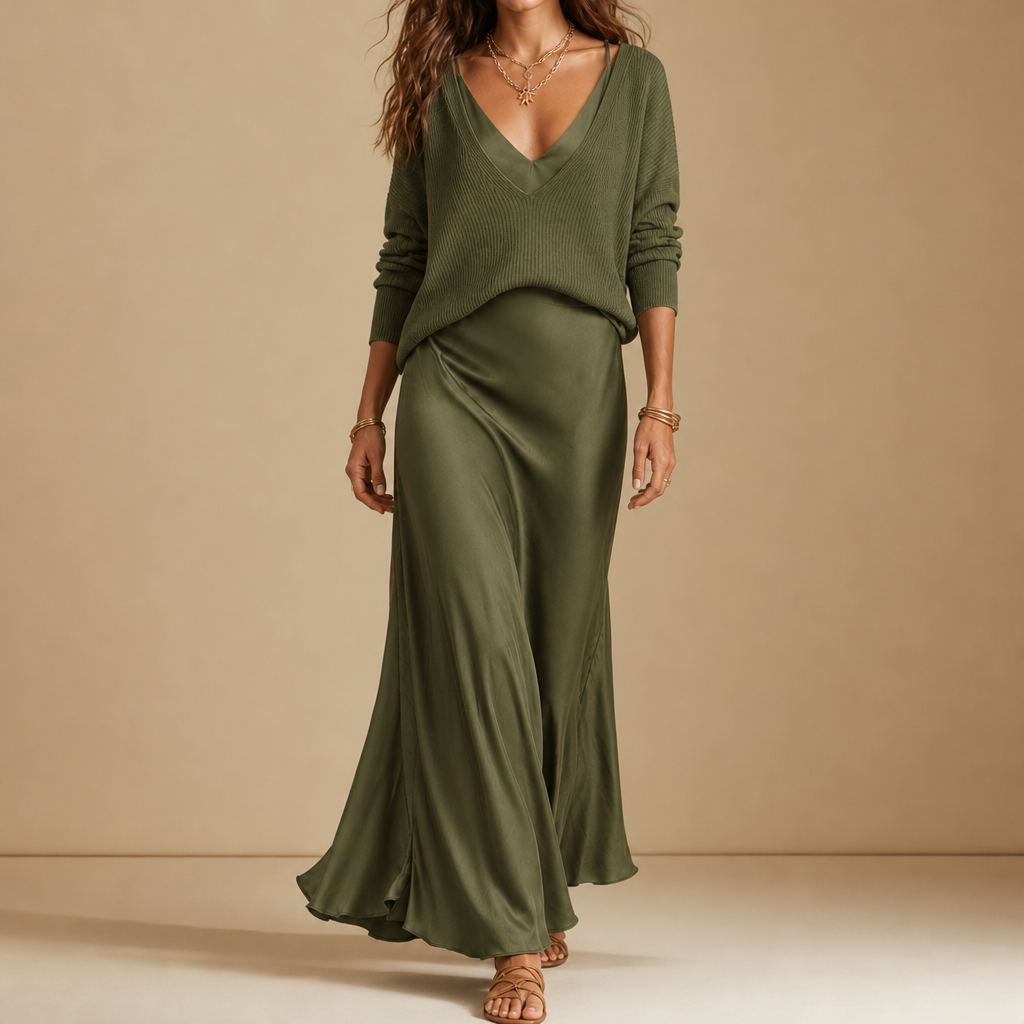 Rabat Silk Slip Dress Set in Olive Green