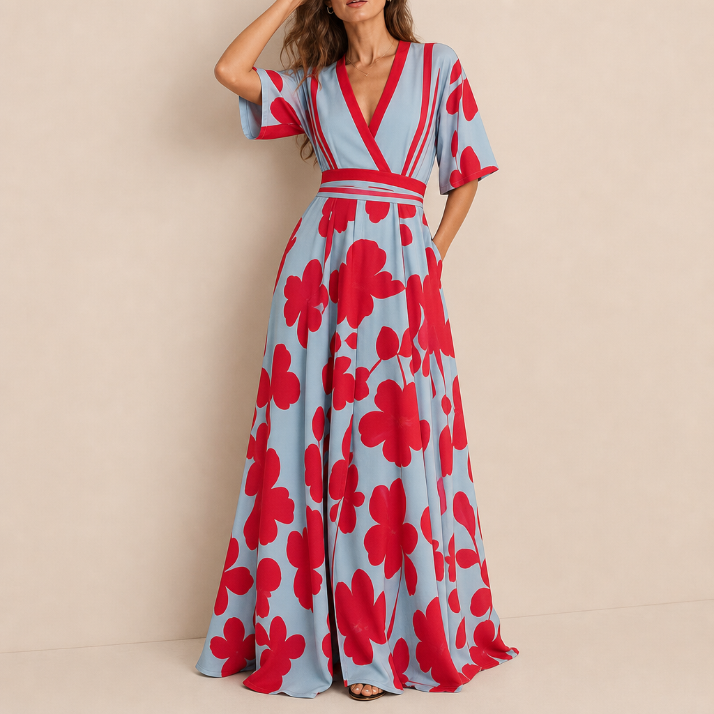 Ronda Floral V-Neck Maxi Dress in Red
