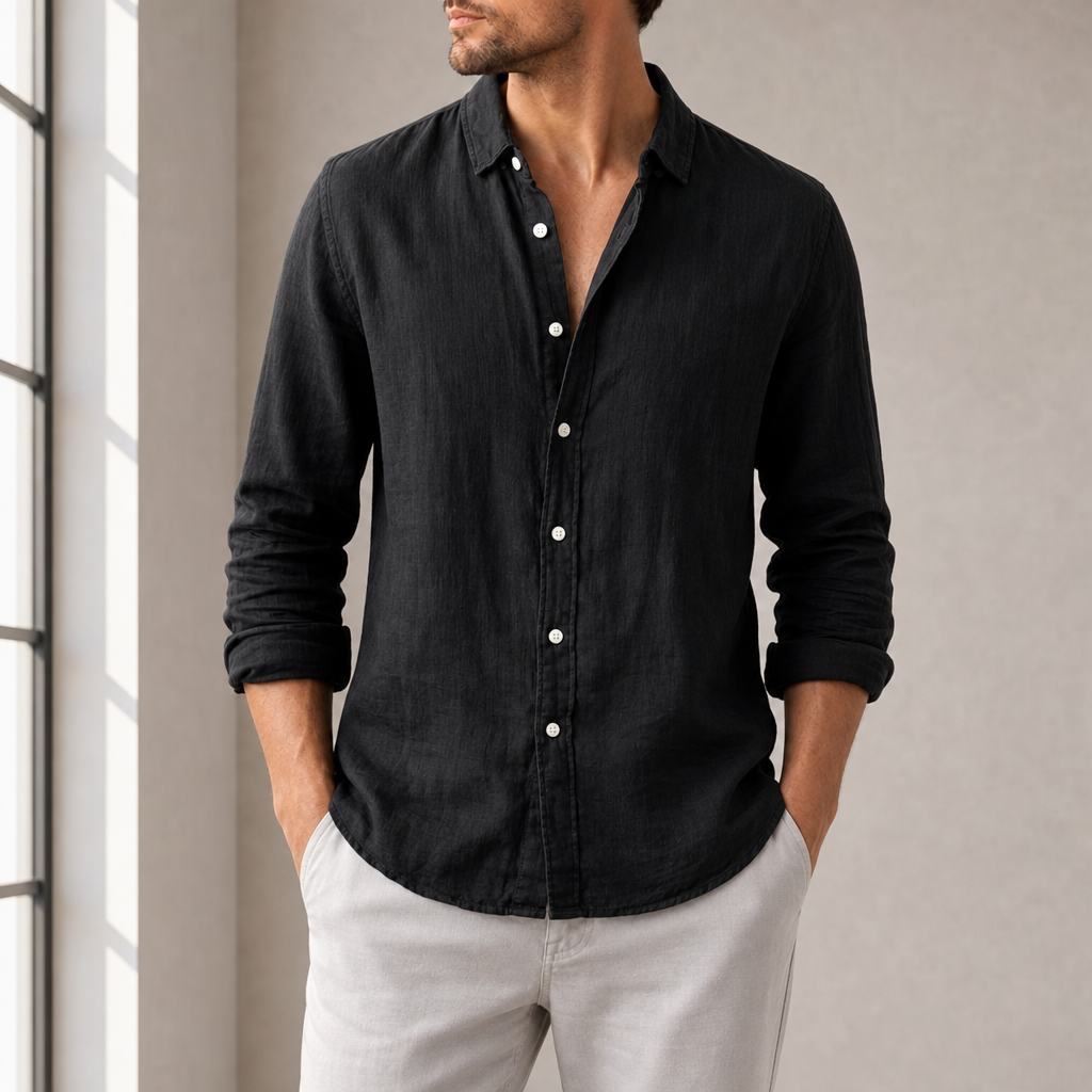 Roquebrune Linen Long Sleeve Shirt in Black