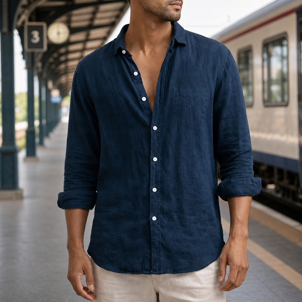 Roquebrune Linen Long Sleeve Shirt in Navy Blue