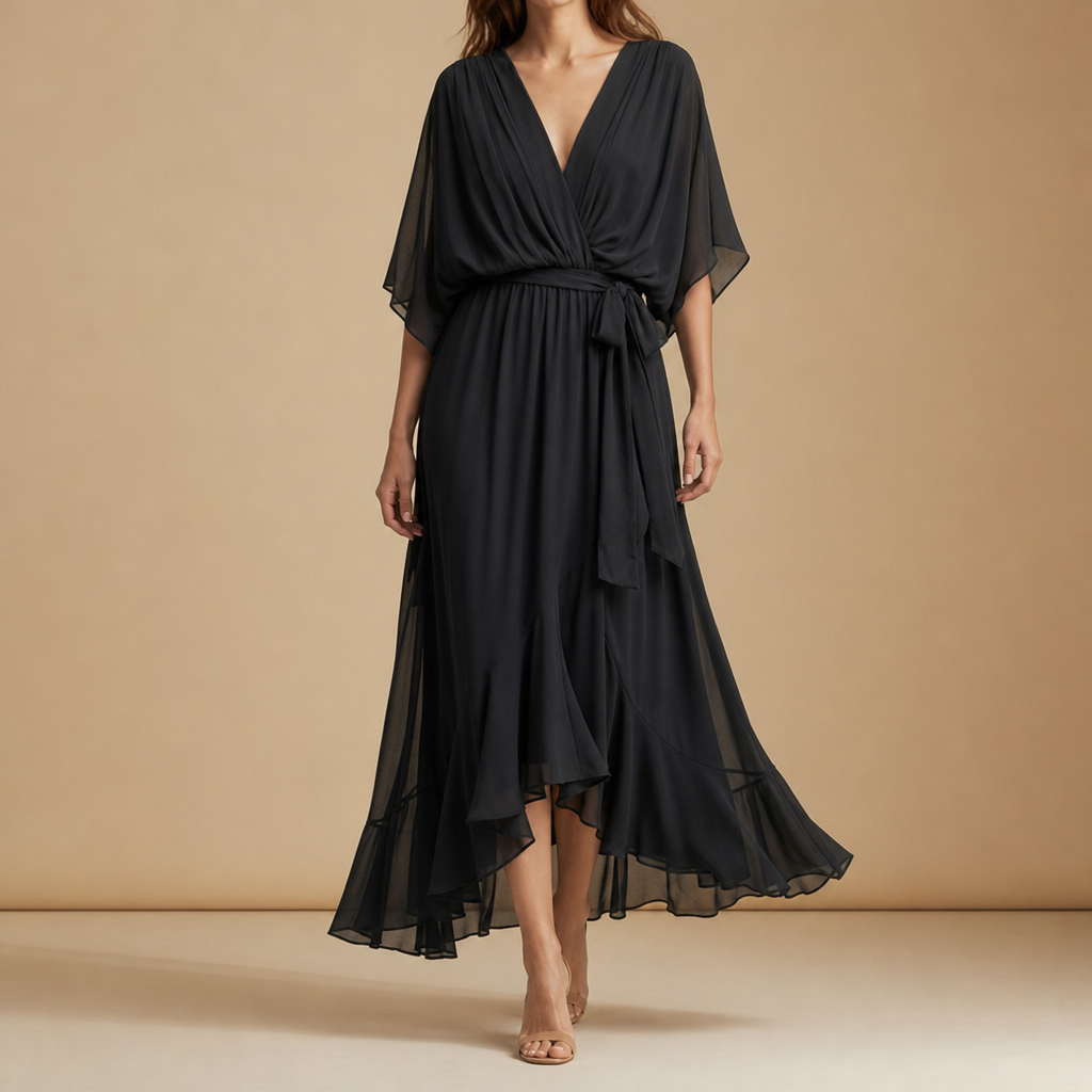 Roquebrune Wrap Midi Dress in Black