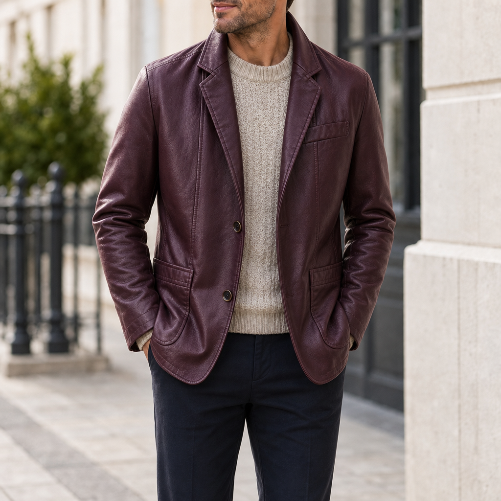 Roussillon Leather Blazer Jacket in Burgundy